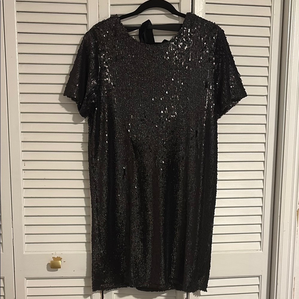 Sequin Black Dress with scooped back and velvet tie